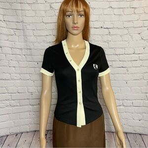 NWT New VHNY Black White Button Up Short Sleeve Top Cardigan Size S